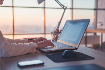 Adult businesswoman working at home using computer, studying business ideas on a pc screen