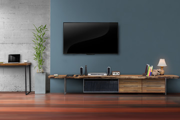 Wall Mural - Living room led tv on dark blue wall with wooden table media fur