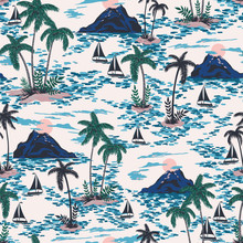 Vector Seamless Retro Style Hawaii Pattern With Mountains, Sunset, Palm Trees, Boats. Colorful Bright Artistic Tropic Fantasy Background Allover Print