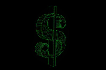 3D Dollar Sign in Wireframe Hologram Style. Nice 3D Rendering
