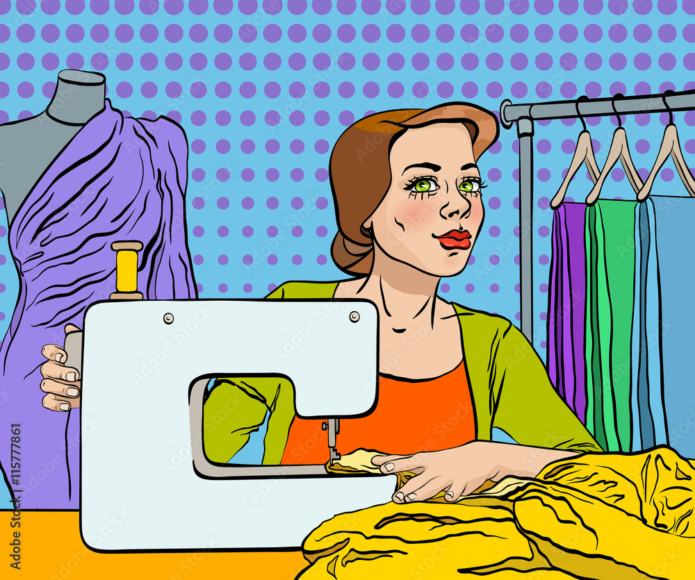 dressmaker sews a dress on the sewing machine Stock Vector | Adobe Stock