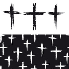 Seamless Pattern With White Cross And Grunge Black Crosses Icons Isolated On White. Vector Illustration