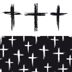 Wall Mural - seamless pattern with white cross and grunge black crosses icons isolated on white. vector illustrat