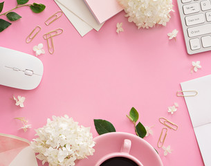 Wall Mural - Office desk table with computer, supplies and coffee cup