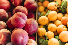 High Angle View Of Peaches And Apricots For Sale At Market Stall