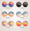 Set of colorful sunglasses with abstract gradient mesh glass mirrors isolated on light background with summer time, party time lettering typography