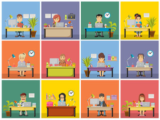 Wall Mural - Template with cartoon business people working with computer. Office workspace with desks. 
