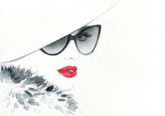 Wall Mural - Beautiful woman with sunglasses. Abstract fashion watercolor illustration