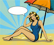 Woman in swimsuit on a tropical beach. Summer concept vector illustration in retro comic pop art style