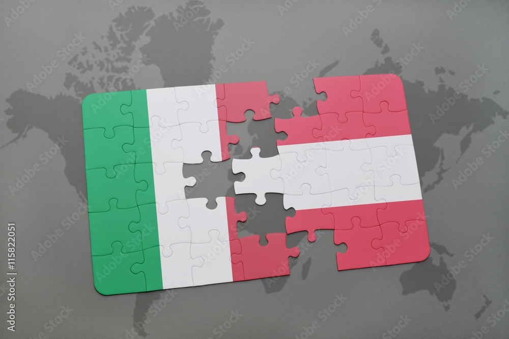 puzzle with the national flag of italy and austria on a world map ...