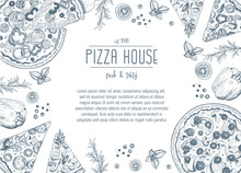 Vintage Pizza Frame Vector Illustration. Hand Drawn With Ink. Pizza Design Template.
