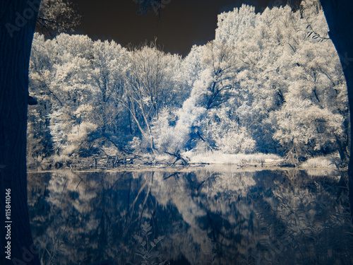Fotografía Infrared view at Danube floodplains in Slovakia under summer sky with clouds