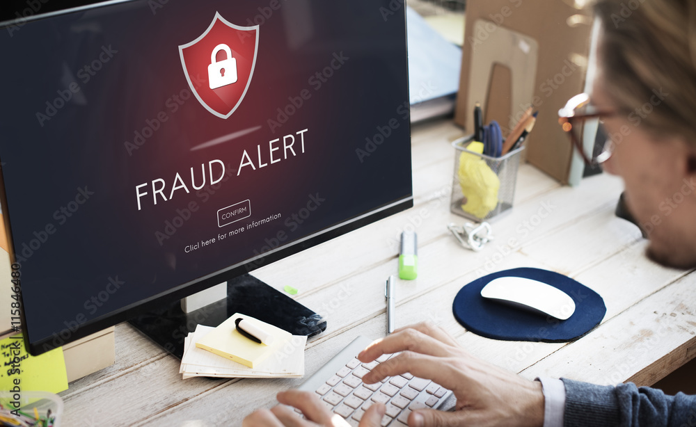 Fraud Alert Caution Defend Guard Notify Protect Concept - obrazy, fototapety, plakaty 