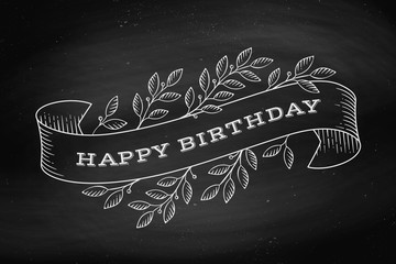 Canvas Print - greeting card with inscription happy birthday. old vintage ribbon banners with leaves and drawing in