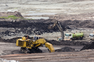 yellow backhoe work in coalmine