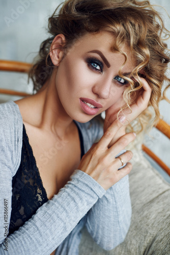 Indoor Lifestyle Fashionable Portrait Of Elegant Sexy Woman In