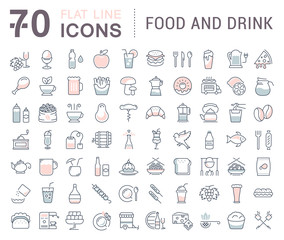 Wall Mural - Set Vector Flat Line Icons Drinks and Food