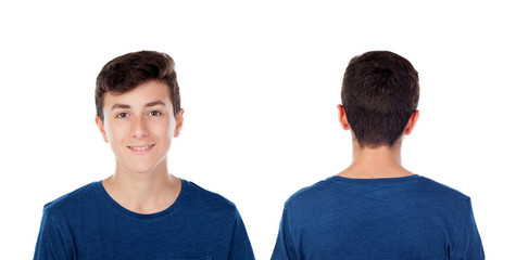 Sticker - Teenager guy fourteen years with blue t-shirt. On front and back