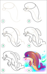 Wall Mural - Page shows how to learn step by step to draw a dolphin. Developing children skills for drawing and coloring. Vector image.