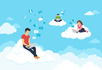 Wall Mural - young people sitting on the clouds in the sky using laptop and typing messages to friends. flat mode
