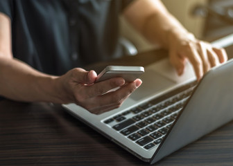 City lifestyle woman hands working on computer typing laptop keyboard 