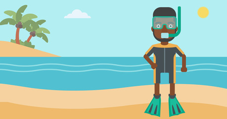 Poster - Male scuba diver on the beach vector illustration.