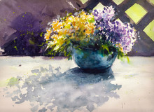 Yellow And Purple Flowers In A Vase On A Table In Garden.Picture Created With Watercolors.