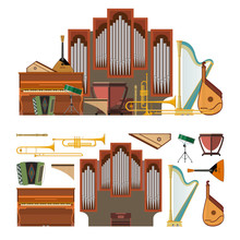 Vector Set Of Musical Instruments In Flat Style. Design Elements And Music Icons