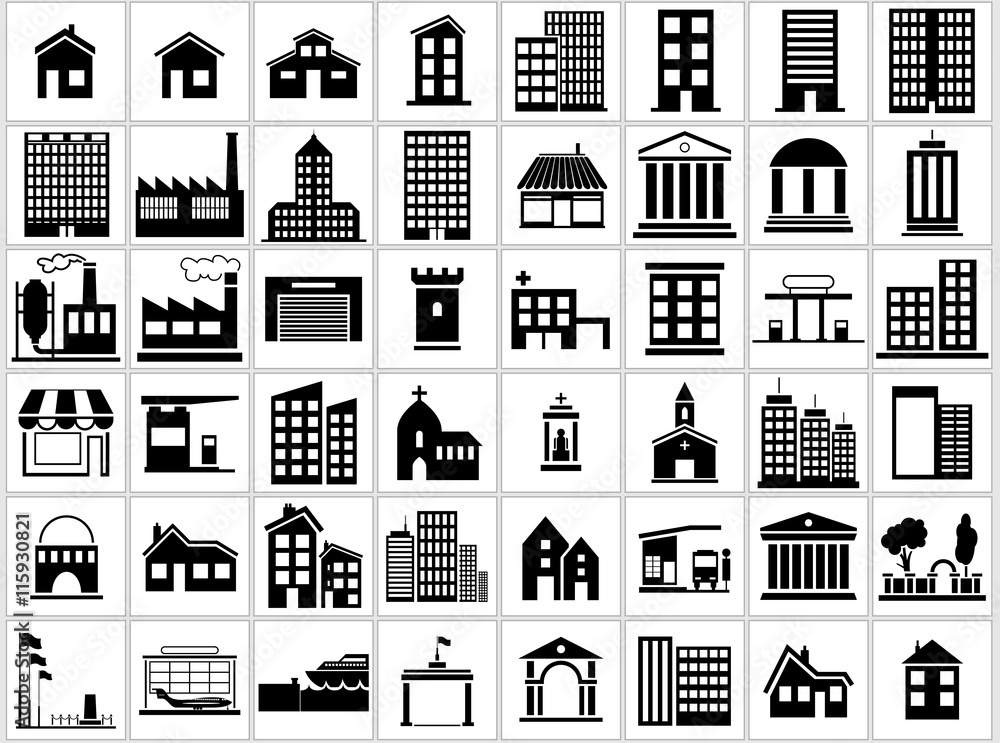 Building Icons Set - Black and White Icon Collection, Vector Illustration - obrazy, fototapety, plakaty 