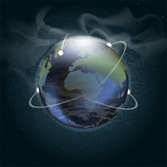big planet earth seen from space in 3d with trajectories of satellites orbiting, over a background f