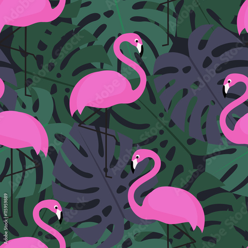 Naklejka samoprzylepna Tropikalny wzór z różowe flamingi na ciemnym tle liści monstera. 