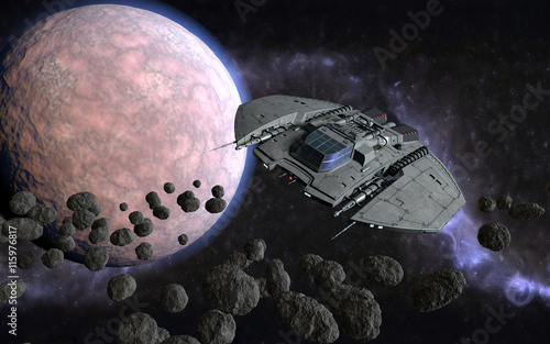 mysliwiec-miedzygwiezdny-w-ksztalcie-dysku-podrozujacy-przez-pole-asteroid