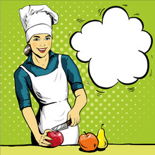 Beautiful Woman Cooking. Vector Illustration In Retro Pop Art Style. Female Chef In Uniform. Restaurant Concept