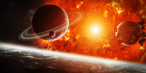 Wall Mural - exploding sun in space close to planet