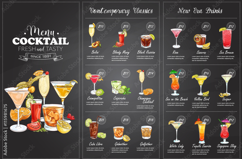 Front Drawing horisontal cocktail menu design - obrazy, fototapety, plakaty 