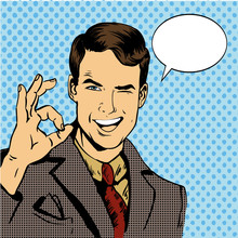Man Smile And Shows OK Hand Sign With Speech Bubble. Vector Illustration In Retro Comic Pop Art Style