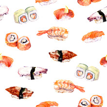 Sushi, Roll Repeat Seamless Food Pattern. Watercolor