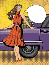 Beautiful Woman In Dress Stay Next To Car. Comic Vector Illustration In Pop Art Retro Style.