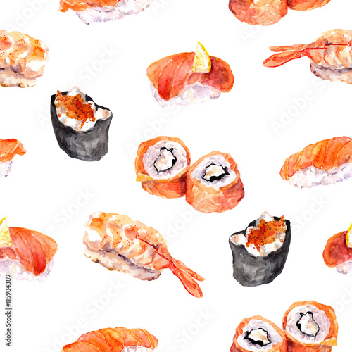 Obraz na płótnie canvas czteroczęściowy "tetraptyk" Sushi, rolki, gunkan bezszwowe morze wzór żywności. 