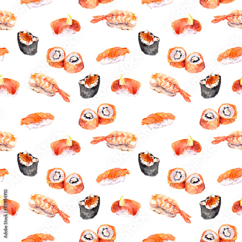 Obraz na płótnie canvas trzyczęściowy "tryptyk" Sushi, susi, roll, gunkan powtarzalny wzór z owoców morza. 