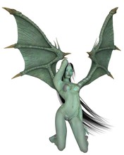 Green Dragon Woman Kneeling - Fantasy Illustration