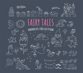 Collection of fairy tales hand drawn doodles, illustrations