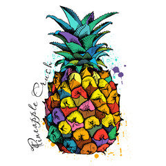 Wall Mural - Bright Poster with Image of a pineapple fruit. Vector illustration.