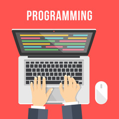 Wall Mural - programming concept. man is coding. hands, laptop with lines of code on screen and computer mouse. t