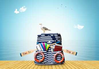 Wall Mural - striped sea bag with oars and plane tickets