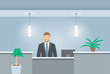 © vectorikart - Young man receptionist stands at reception desk. Front view. Vector flat illustration. Office hall interior design with green plants and male administrator. Hotel registration background