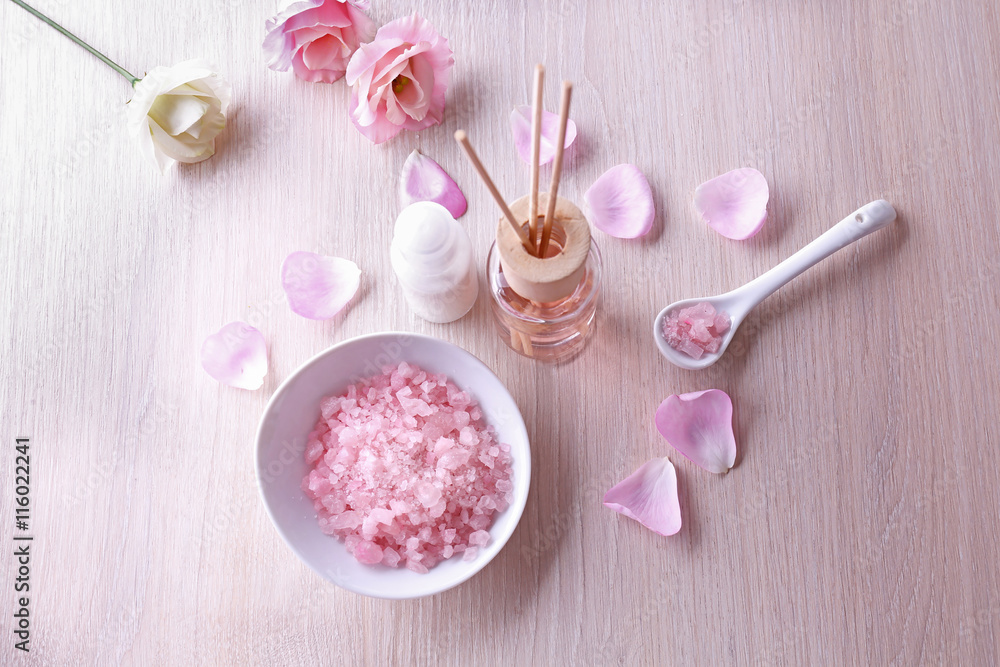 Composition of spa treatment on light background