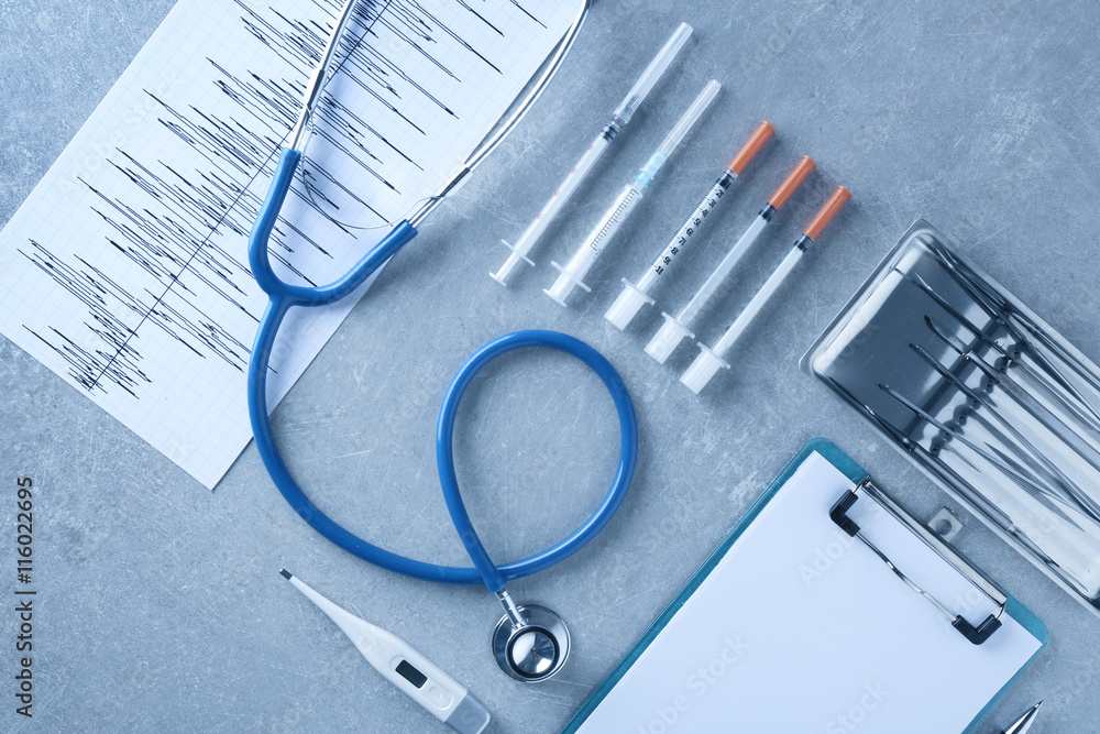 Medical tools set on gray background