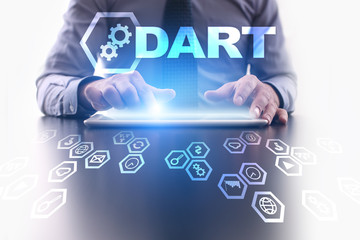 businessman is using tablet pc and selecting dart icon.