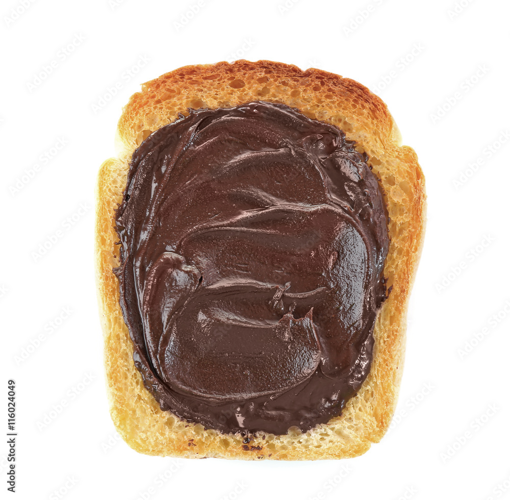 Melted chocolate paste on toasted piece of bread, isolated on white